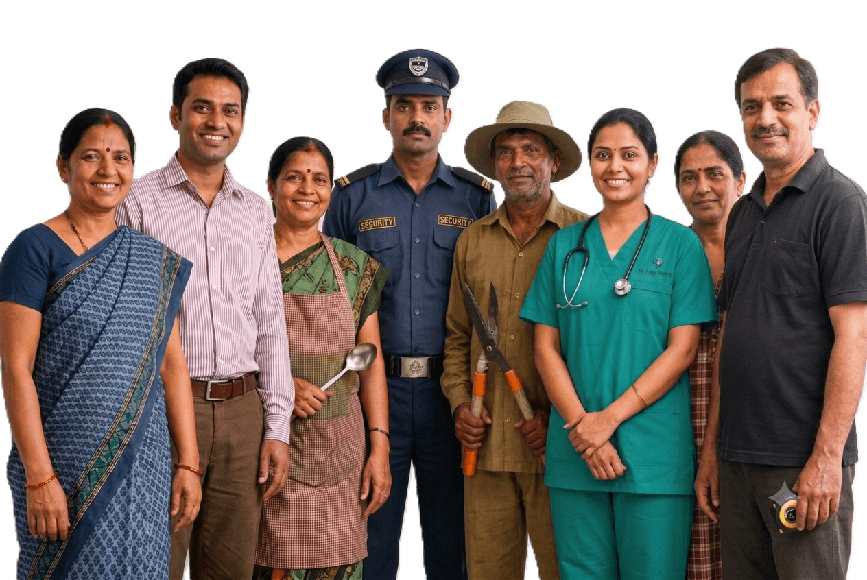 Household staff InstaBGC verifies — a cook, driver, security guard, gardener, nurse and more, standing together